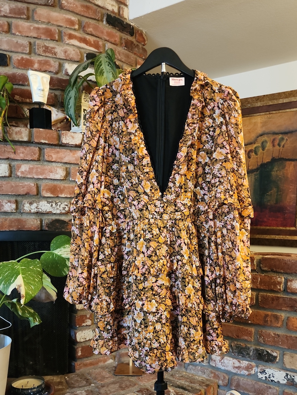 Showpo Mustard Pink Floral Plunge V-Neck Tiered Romper Long Sleeve